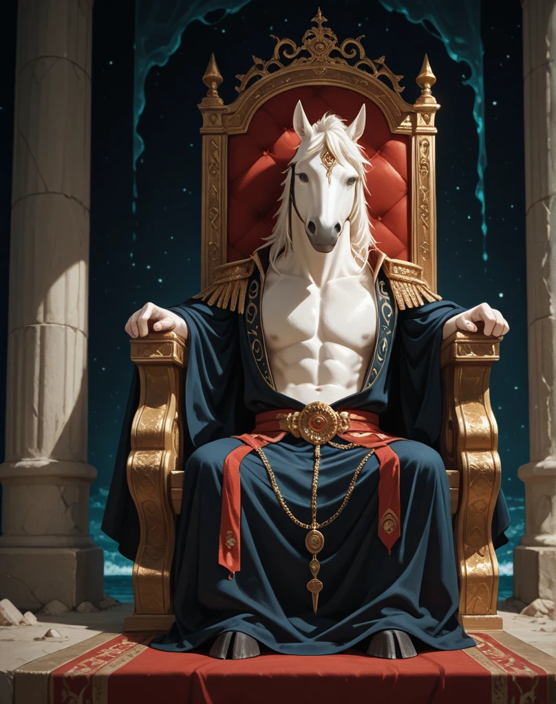 (realistic, Masterpiece, detailed face, best quality, height, 4k), Fantasy art style, Imagine the astrological sign of Leo, the majestic Lion who embodies the great model who radiates confidence and power.. He sat on a huge throne., He had golden hair and wore only royal regalia., Express the essence of leadership and charisma., bare, big penis