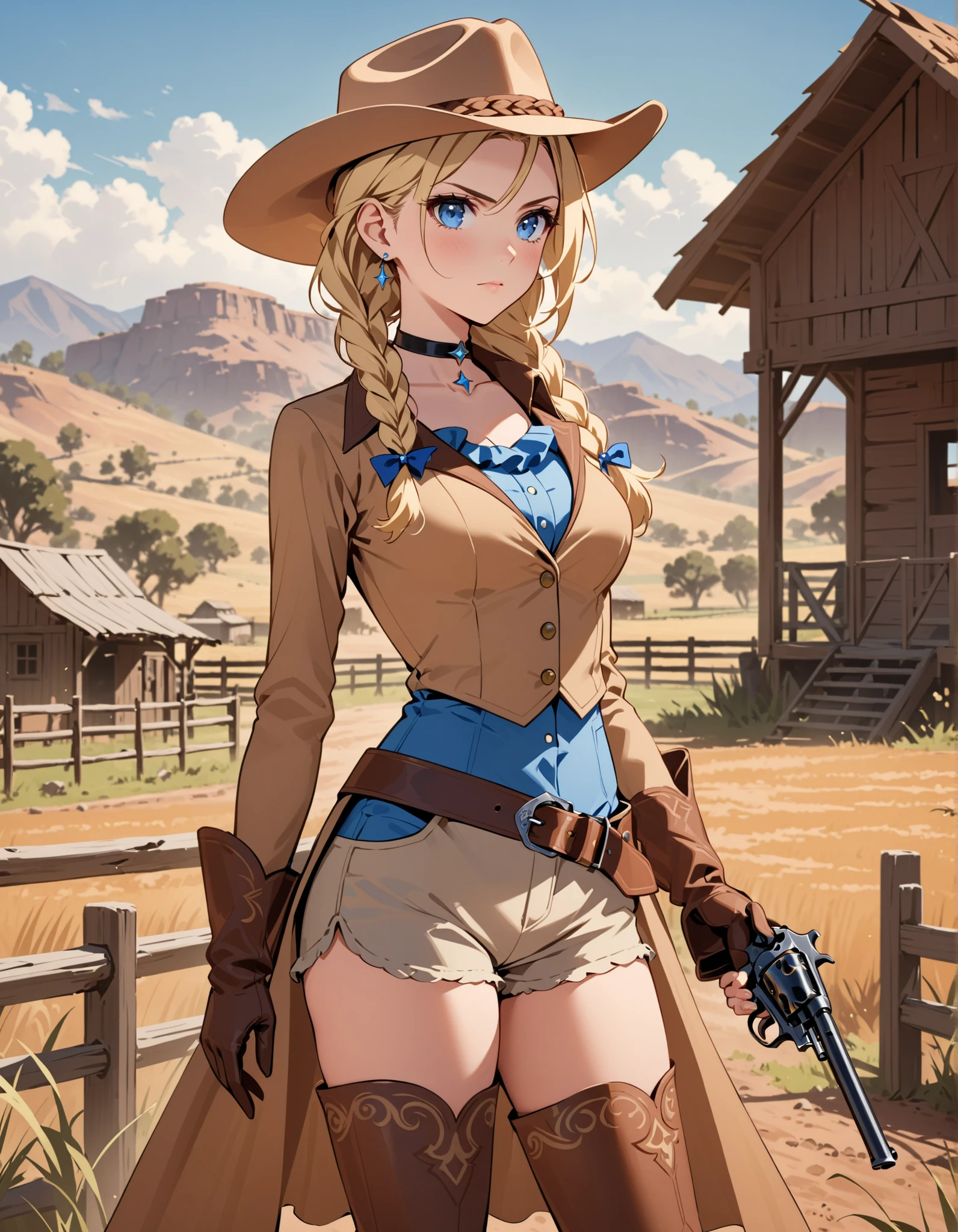 This image depicts a high-quality and high-resolution masterpiece featuring a single girl. She has a tall body, blonde hair styled in a braid, and striking blue eyes. The character is wearing a light brown costume with shorts, thigh-high boots, a choker, earrings, and gloves that showcase her perfect hands. She stands solo in a ranch backdrop during the day, wearing a cowboy hat and appearing serious. She uses a (es_a_a, revolver, 0.8), adding to the powerful cowgirl aesthetic.