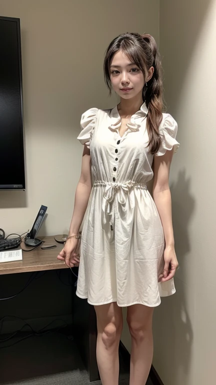 white dress, dress, gray hair, 20 years old, twin tails, sandals, elongated limbs, accessories, 8K image quality, girl with beautiful details, top quality, mole, highly detailed face and eyes, smile, huge file size, bar indoor