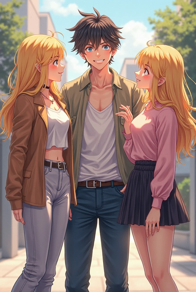 Imagine two men and a woman in anime style 
