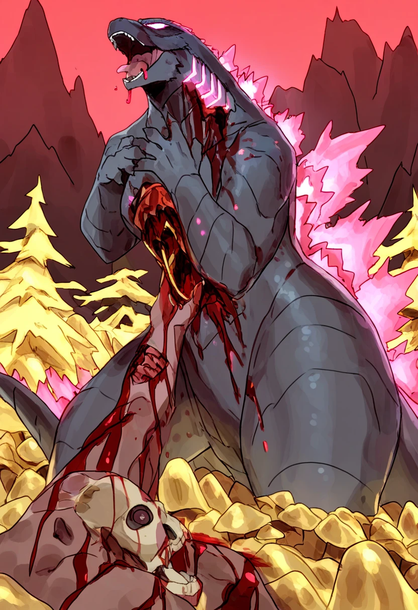 (Gore), Godzilla, defeat, (Dying lying),(stomach cut), (Blood gushes out), (Screaming with a pained expression), Wounds all over the body, Face also injured, Blood dripping from the wounds, Vomiting a large amount of blood, half of the body Torso cutting,Lower Body Blood and guts spilling out,