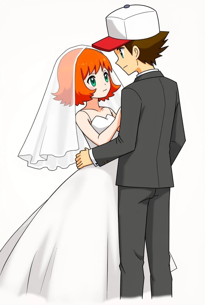 Draw Ash from Pokémon in a groom's suit in different drawing styles , She has her typical cap but in white and Misty with a beautiful wedding dress.
The dress has a fish fin style.
Let the bride's hair be short and orange ,Her eyes are green and she wears a long veil.
Let the background be soft and only the church bells can be seen Kiss