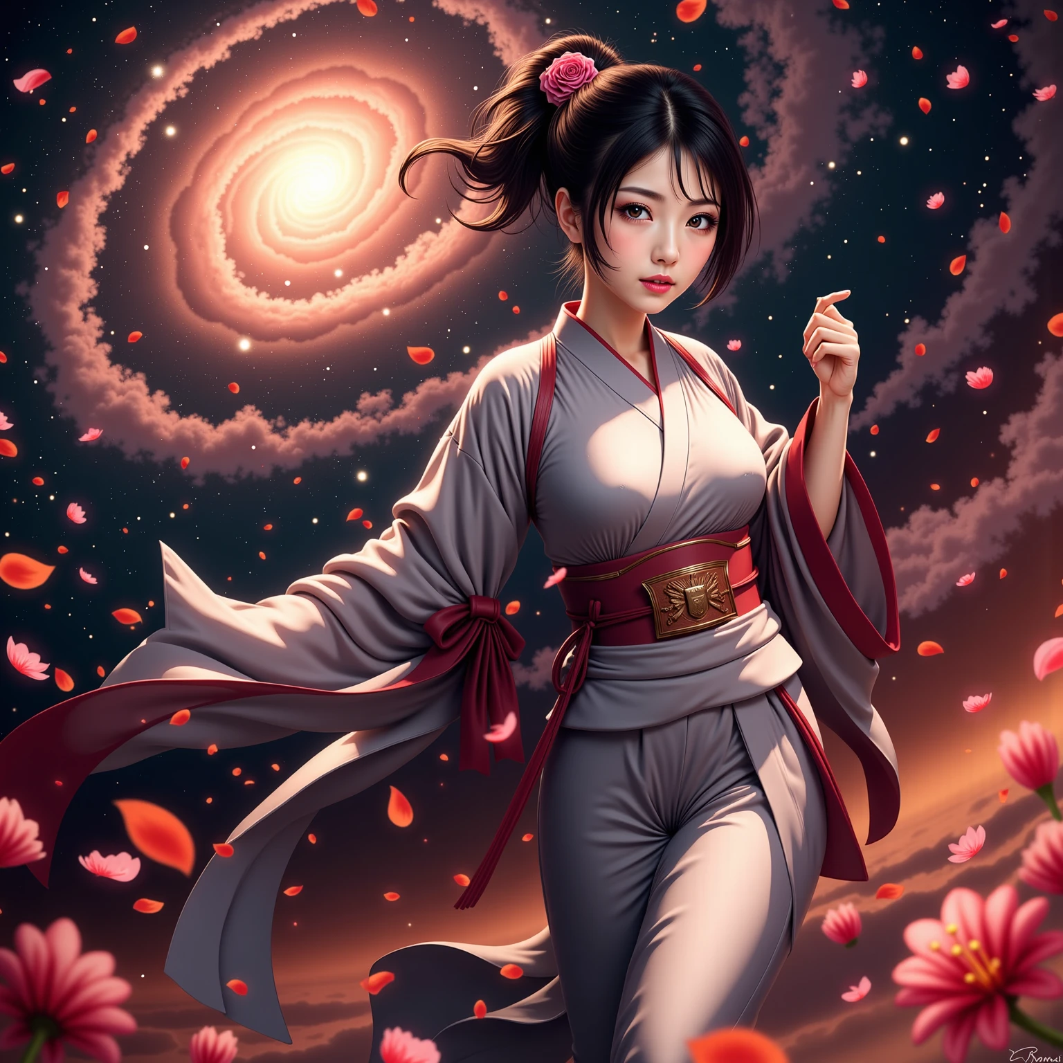 Kikyo, the Sacred Archer is a legendary warrior and the founder of the Ashina Clan. She is a beautiful woman with long, beautiful hair tied in a ponytail and wearing a red kimono with black flowers and a white robe. She carries a bow and arrows. She also has a sacred orb hidden in her sleeve.
She waits for Naraku in the vast grassland where he first fought the half-human. The grassland is littered with blood and corpses of the half-humans who died in battle. The sky is dark and stormy, and lightning flashes every now and then. Kikyo emerges from the sacred orb after she sacrifices herself to revive him using a white sacred arrow. She respects Naraku as a worthy opponent and challenges him to a final duel to purify the sacred orb.
moon, dark theme, light, fantasy, colorful light