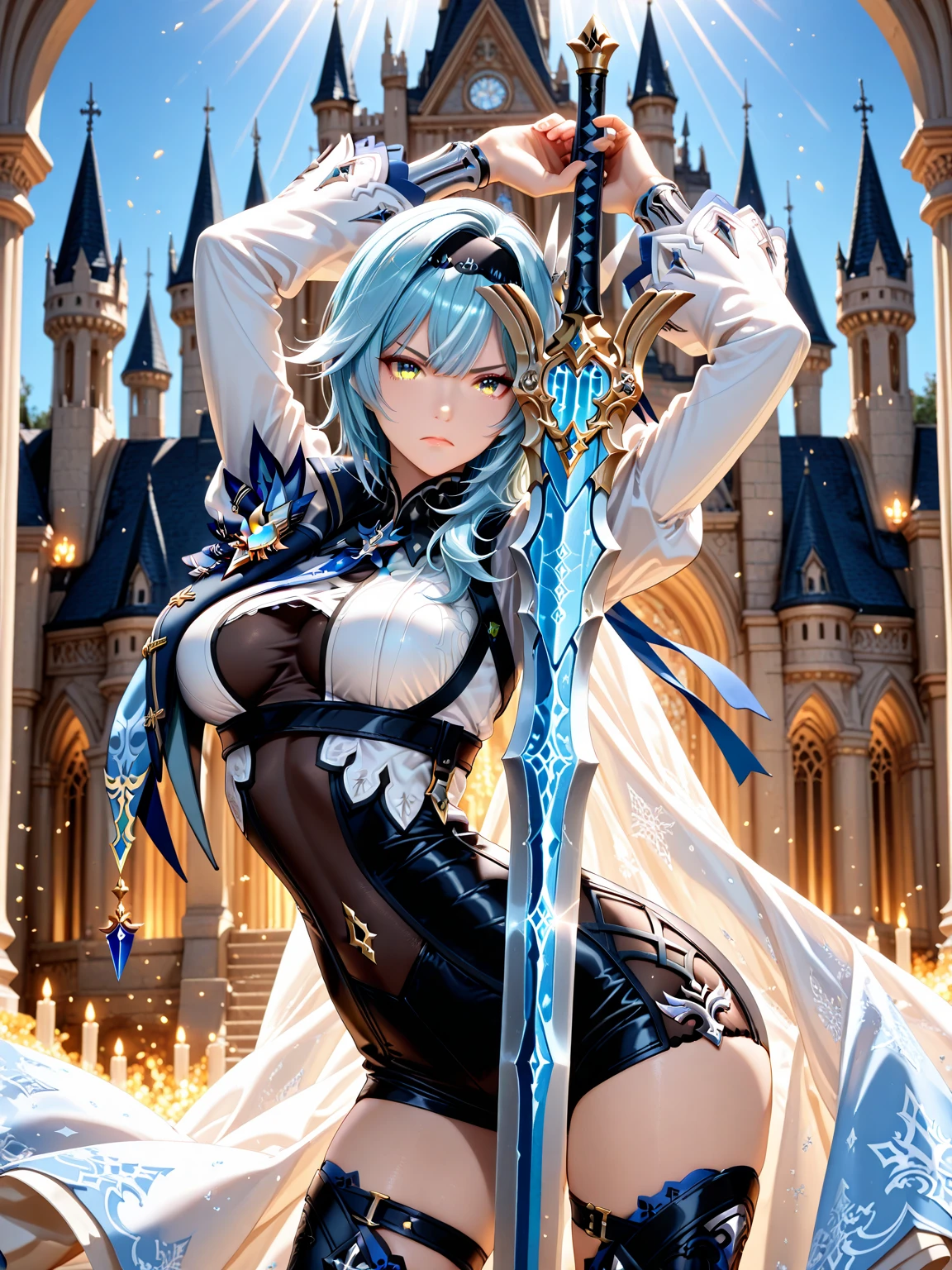 Vertical screen、Full Body、A beautiful Japanese warrior with cosmic beauty stands。She has a strong presence against a vibrant orange background.。Mint green short hair、It has a pair of large horns on its head.。Her expression was serious and、Makes you feel strong-willed。
Her outfit is very distinctive、Featuring metal armor and fantasy-inspired decoration。The armor is a shiny metallic color.、Blue or purple、The black shades are perfectly combined。Shoulders and arms、The legs have complex mechanical parts.、It seems to have improved mobility and defense.。Her left arm is especially heavily armored.、It seems to function as a key element in attack and defense in battle.。
She has big wings spread across her back.、これもBlue or purpleの色合いで描かれています。The wings are designed to resemble a dragon.、It emphasizes her fantasy element.。Also、She has a long tail growing from her waist.、This tail is also made up of mechanical parts.。
In her right hand she holds a huge sword.、This sword is designed to look as if it is one with the machine.。The blade of the sword is sharp、It appears to emit a blue light。The sword hilt has intricate mechanical details.、It shows that it is her powerful weapon.。
Under her costume、I see a white frilly skirt、The design combines the strength of a warrior with cuteness.。Overall、Her designs have a unique style that combines futuristic technology with fantasy elements.。
The background is a simple orange color.、It's an effective contrast that brings out the strong presence of the characters.。The overall colors are vivid、It's a very visually striking image.。This image is、A story of a powerful female warrior in a world where the future and fantasy intersect、It's a very artistic piece.。