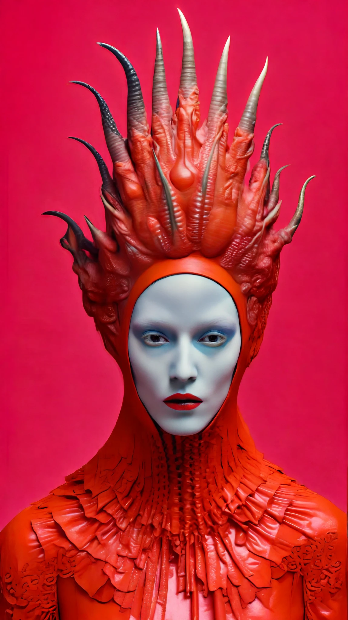 Tim Walker inspired, photography, trendy close up, Ultra-red background, leather fetish extreme sinister, whimsical settings, surreal elements, creative storytelling, vibrant colors, (Detailed face:1.05), hyperrealistic, Photorealistic. Gothic