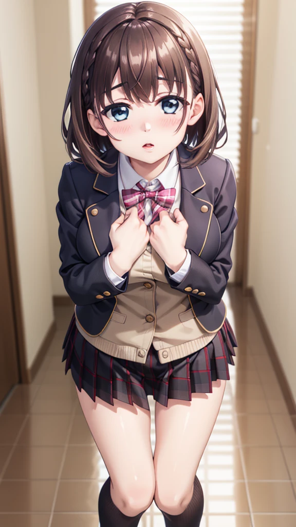 ((Dark blue socks))　、Bend your knees and open your legs wide、((Brown Loafers)Bronze colored hair　(しゃがんで彼女のExposeしたオマンコが見えるようにしましょう.)))(Cat Shot)single eyelid　Cut Eyes　Small Face Beauty　Beautiful and fine details、Ultra-detailed、High resolution、Highest quality、masterpiece、、(Japanese high school girls uniform))、Extremely detailed representation　 The transcendent beauty of school classrooms　　Idol Girls、((Dynamic Pose)))、Pleated skirt、Sexy smile　Low angle、Expose
