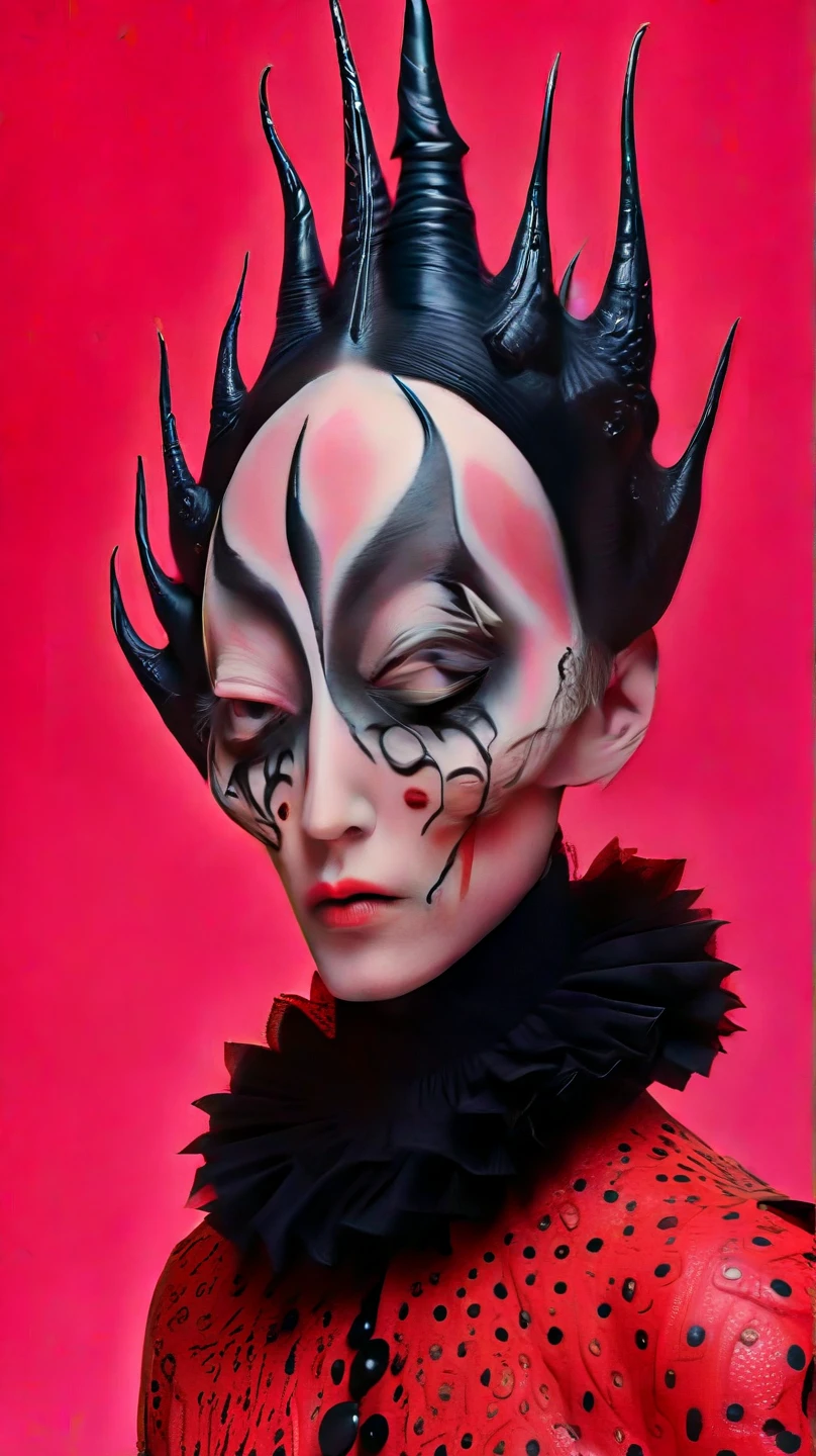 a drag queen holding his head with bloody eyes while blood is dripping on his mouth wearing black bodysuit