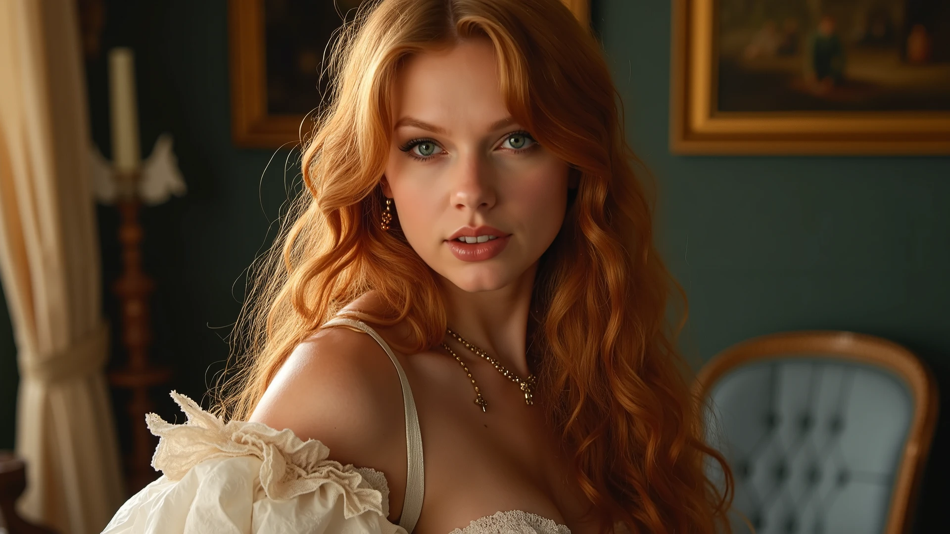 FACE SHOT OF BEAUTIFUL BOMBSHELL RED HAIR WOMAN, LONG RED HAIR, VERY PALE SKIN, YELLOW EYES, EXPRESSIVE YELLOW EYES, LOVELY FACE EXPRESSION, CLOSED MOUTH SMILE, HIDEN TOOTH, GORGEOUS LIPS, ROSY CHEEKS, HIGH CHEEKBONES, MENTAL FORAMEN, VOLUMOUS BREASTS, STRAPLESS CLEAVAGE, VICTORIAN DRESS, LIGHT BLUE DRESS, CURVY BODY, FRONTAL ANGLE SHOT, STAGE THETER, RED CURTAINS, DIFUSED LIGHTS, YELLOW BACK LIGHTS, MASTERPIECE, ACCURATE IMAGE, HIGH QUALITY, DETAILED IMAGE