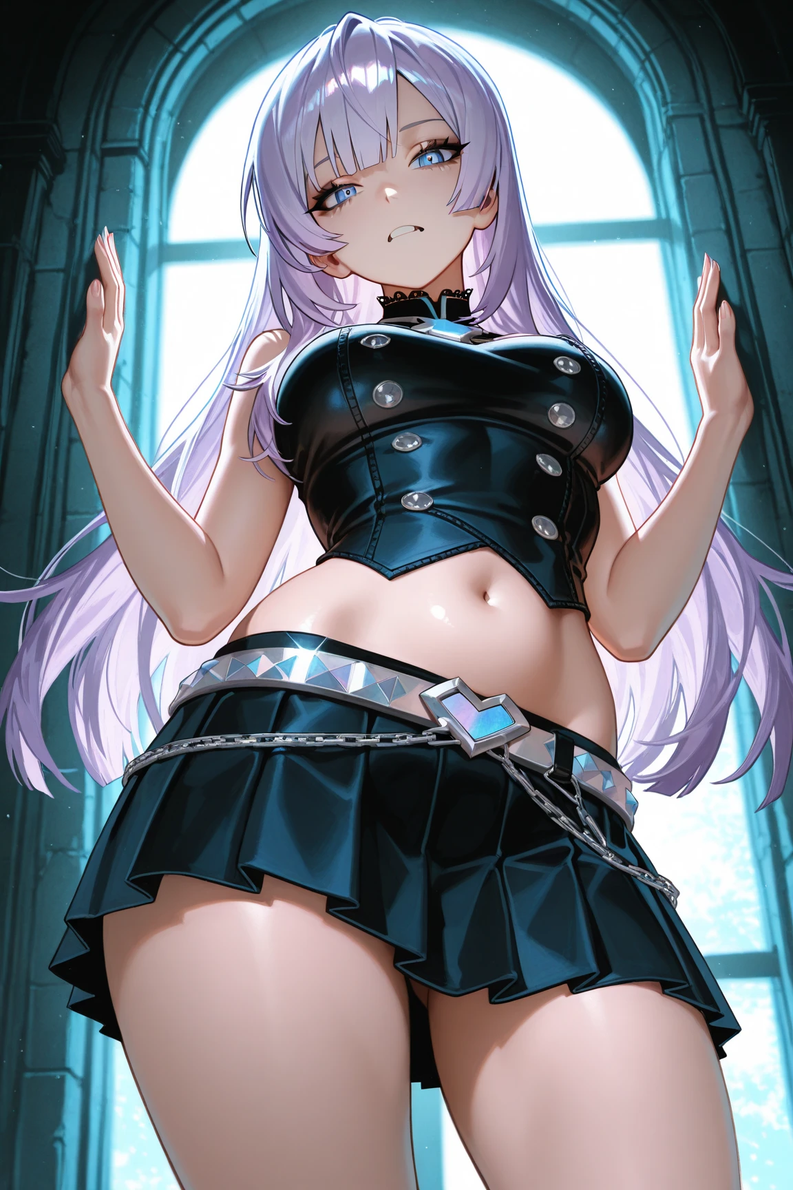 best quality, (masterpiece:1.2), highly detailed,dungeon,
1girl, solo,
nanakusa nazusa,
standing, looking at the viewer, open mouth, angry face, fang,
blue eyes, pink hair, hair rings,
sleeveless turtleneck, cleavage cutout, navel, black shorts, black thighhighs, big breasts, thick thighs, tied_wrists, arms up, collar, shackles, chains