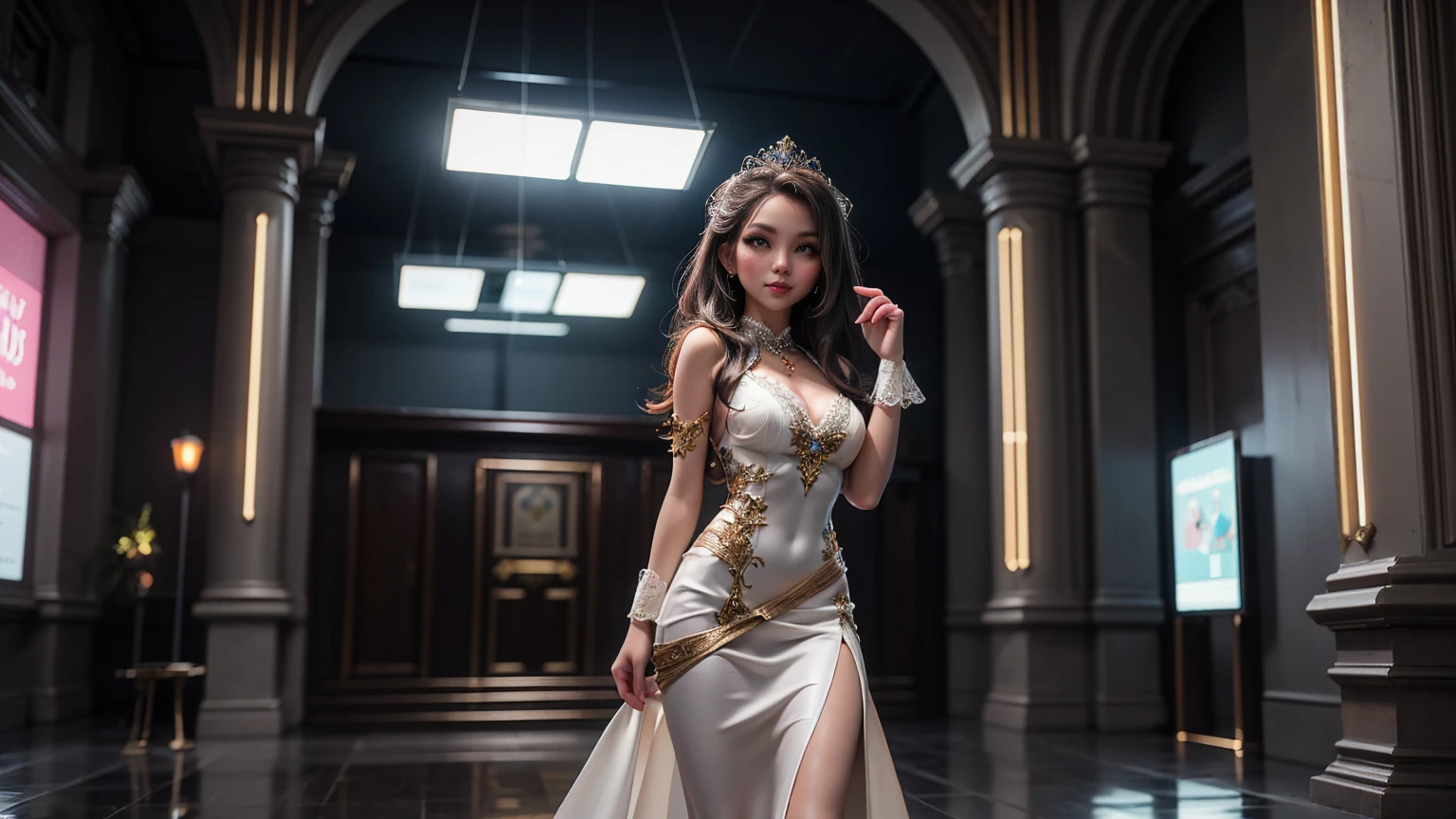 portrait of a full body, photo realistic, Beautiful Chinese woman, Adult video actress, Stand in a large theater full of spectators, Slim figure, Height 1.6 meters, Perfect body proportion, 34D breasts, nacked breast, Slim waistline, Elongated legs, 30-inch hips, Fine fine skin, Full forehead, Slender eyebrows, Wearing a cotton tight dress, Suspender stockings, Stiletto heels, seductively posed, silver hair, bangs, curly hair, hair slicked back, medium hair, jewelry, longeyelashes, earrings, makeup, serious, red lips, forehead, hair ornament, cinematic lighting, three sided view, masterpiece, super detail, best quality, 8k, textured skin