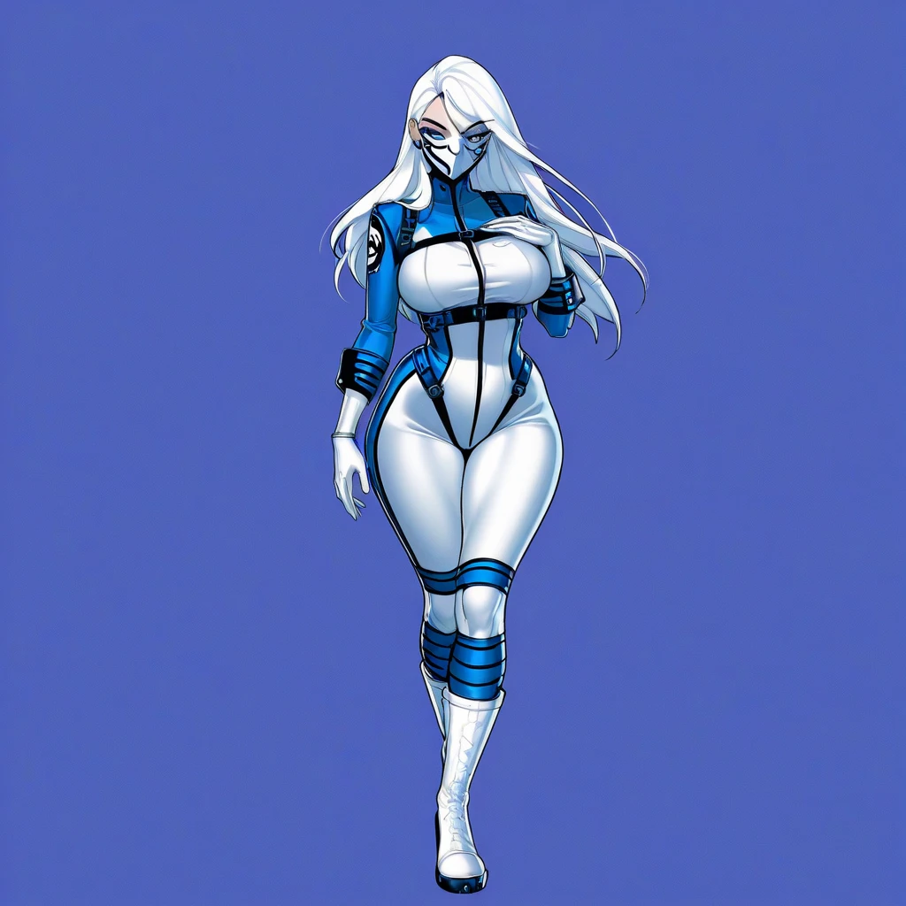 (3d render), , masterpiece,best quality,1girl,medium breasts,((album cover)), light on face,slim body,exoskeleton, metal gear,cyberpunk style,ponytail,gundam, Generate an illustration of a mature Clair, gym leader of pokemon, ponytail, holding a poke all, de terno preto, long hair, hair flows straight down, darkblue hair, (gigantic breasts:1.4), blue outfit in anime format with a serious style, (black cape), blue tights, blue boots, gothic make up, (fishnet stockings:1.2), masterpiece, ((dark lighting)), black background, puffy lips,slendered abs, beautiful face,