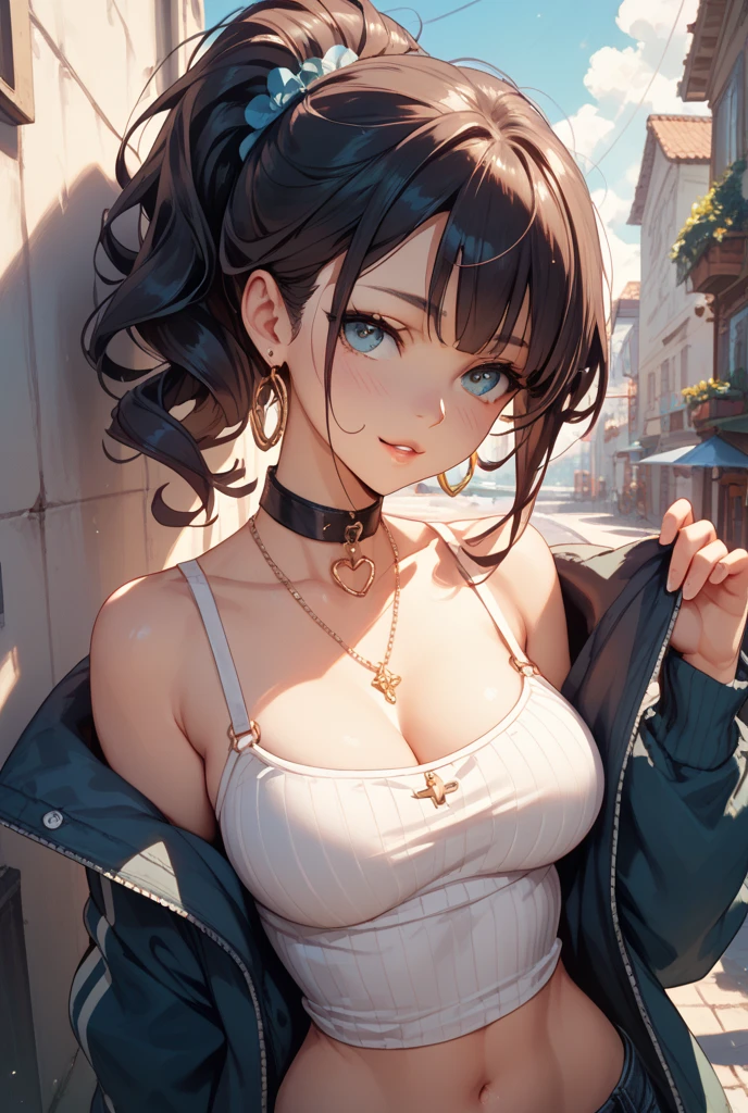 ((Biologically correct limb count))、(( Full-body photo including face))、4K、((Standing position))、masterpiece、((Focus on the face))、((Symmetrical facial features))、Eye for detailed depiction、Beautiful blue-haired woman、Excellent style、Beautiful clavicle、Beautiful feet、Beautiful Hands、Slender body、(stockings、garter belt、High heels)、Facial detailing、Small earrings、necklace、(rubber jacket、Rubber Skirt)、High heelsに照明を当てる、tie、sunny、(((White framed photo)))、Fascinating、Night street、(Low - Angle、A camera angle that captures the inside of a skirt from below)、gloves