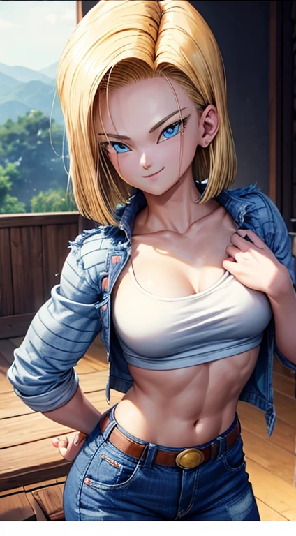 Android 18, ( foto corpo inteiro ), (bikini azul), (decote), loira do cabelo curto, seios enormes, Athletic body, peitos grande muito sedutor, pose sedutora, sorridente, fofo, muito fofo, Ultra High Definition, master part, Ultra alta qualidade, detalhamento ultra, 8k, na praia, pose sexy