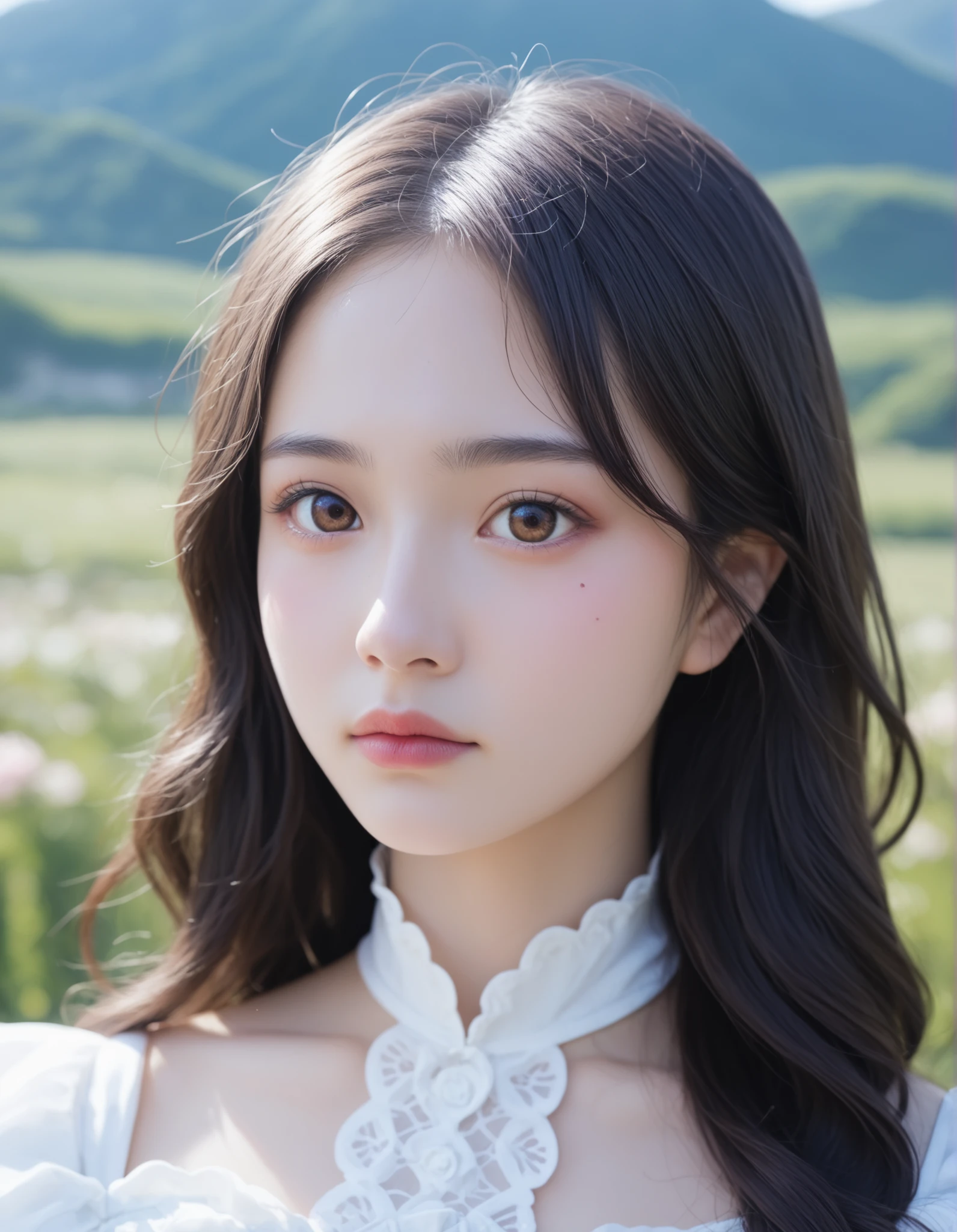 score_9, score_8_up, score_7_up, rating_safe,
high quality, masterpiece, Perfect human body, natural skin, skin pore, pale skin, (tilt one's head:1.3),
waist up, Portrait, detailed pictures, dreamy and fantastical atmosphere,
BREAK
(Composition from the Close-up of face:1.3),
beautiful japanese woman, (long wavy hair:0.8), Korean make-up, Ulzzang, puffy face,
detailed brown eyes, Tearbags, white blouse, frills, (Gypsophila, white corolla),
light and shadow on the face, pastel colors landscape,