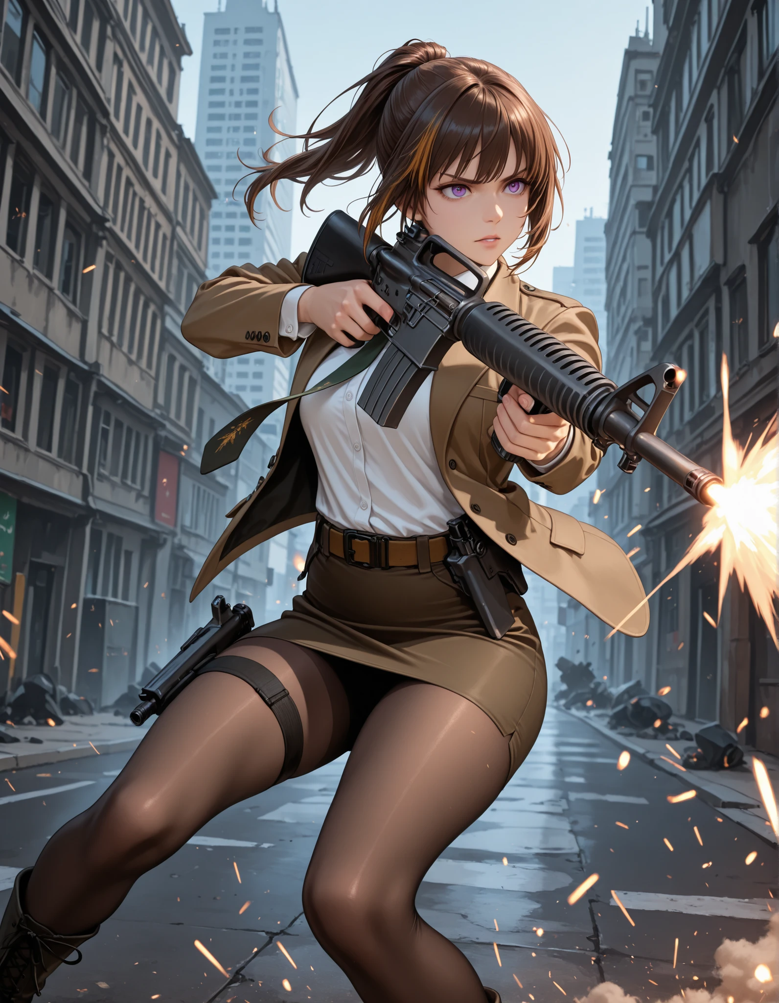 masterpiece, best quality, high res, 1girl, brown hair, short hair, ponytail, (aiming and firing an assault rifle, finger on trigger, gun, rifle, holding m16, c-m16, m16a2:1, holding, holding gun, holding weapon, trigger discipline, muzzle flash, shell ejection from gun), thigh holster, open suit jacket, white shirt, (brown pencil skirt, miniskirt), (pantyhose), solo, purple eyes, dynamic action stance, grim expression, city backdrop, boots, full body character design, brown suit and tie, necktie, belt, cowboy shot
