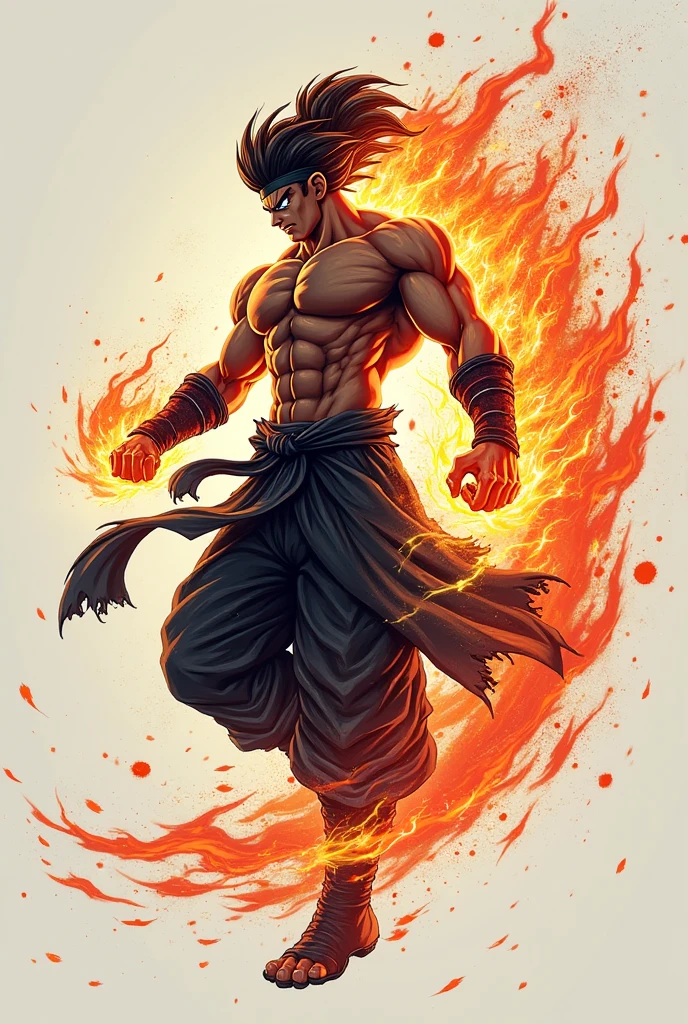 1man, shirtless, martial arts, yellow upper bandana mask, white eye patterns with black outline , muscular, green costume, yellow belt and boots, burning fists, black dragon tatto in middle chest, mystical city background
