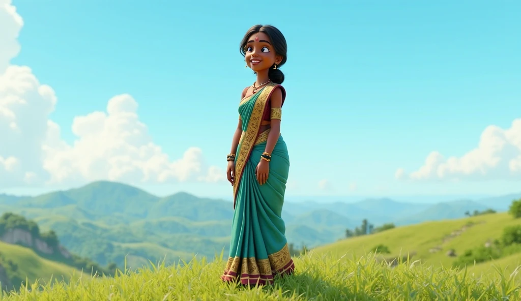 A black woman wearing a saree with big breasts is walking on the village road carrying two children