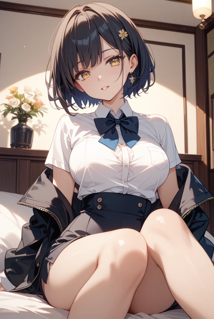Beautiful woman, (Perfect Anatomy), Slender、(OL、White short sleeve shirt、vest、bow tie, detailed side tie panty), (Look down), (Pussy juice:1.1)、(Hug your chest)、20-year-old、(highest quality)、Black Hair, short hair、 Messy Hair、bedroom、Sitting on the bed、(Cutting seat), (8k, High resolution)、(Embarrassing:1.4)、(blush:1.1), medium breast, (steam:1.1), embarrassed,
