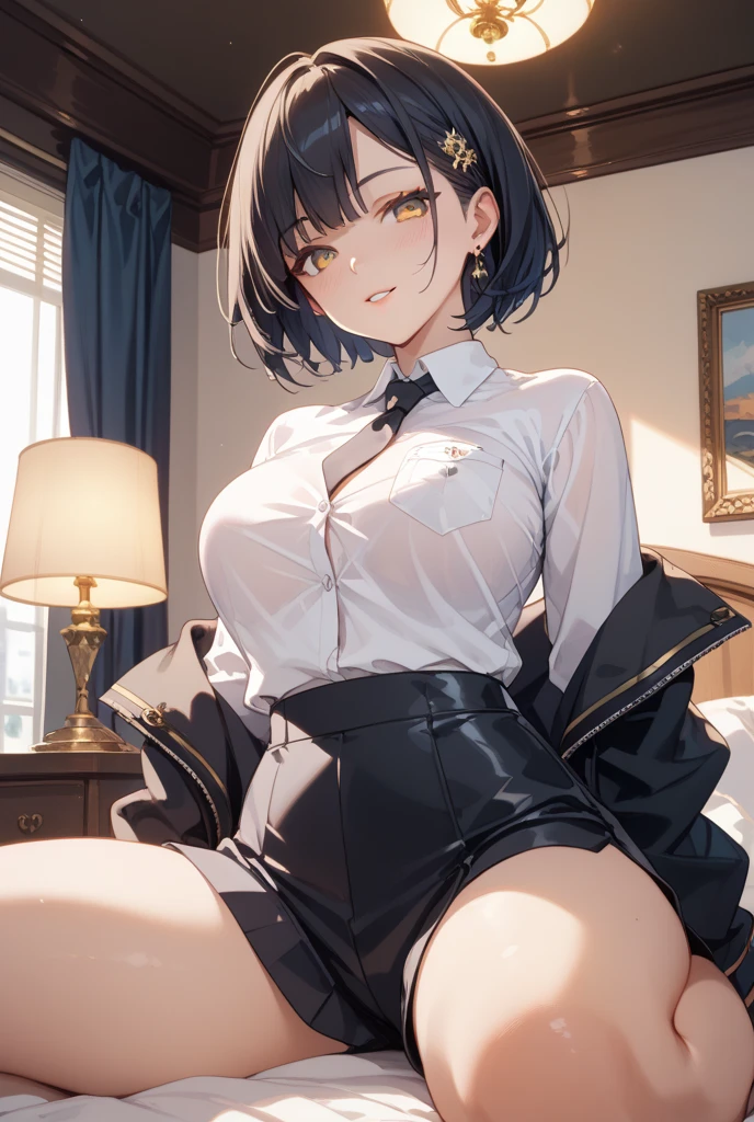 source_anime, rating_explicit, score_9, score_8_up, score_7_up, goth, gothic, black hair, short_hair, looking at viewer, no bra, open jacket, skirt, thighhighs, black skirt, yellow cropped jacket, hellsing, goth girl, ikuchan, smirk, green eyes, smirk, standing, indoors, portrait, masterpiece, face focus, multicolored_hair, tomboy, huge thighs, tiny waist,