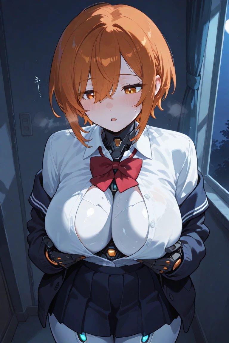 Erotic Anime Illustration、High resolution、A plump high school girl shows off her crotch on the deck of a cruise ship、beautiful eyes、blush and laugh、lovelive、Maki Nishikino、blazer、Overwhelming huge breasts that go beyond common sense、perfect proportions、cowboy shot、sweating
