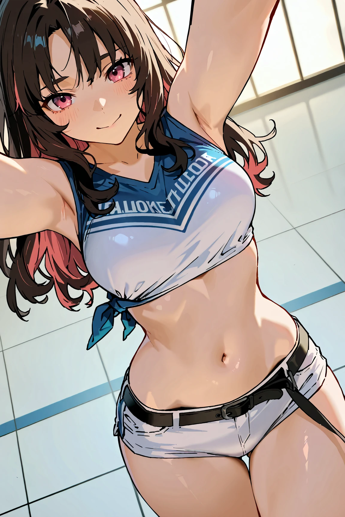 masterpiece, Highest quality, High resolution, Highest quality, Absurd, kataras3, Dark Skin, One Girl, young teen, Black gym bloomers, High Leg、School Shirt、whole body、(Black gym bloomers)+(White collared blouse)、Put your hands behind your back、Cowboy Shot、alone、umbilical cord、Bare Belly, Thigh height Traditional Media, (Painting \(Moderate\)), bracelet, Long Hair, Brown Hair, Crop top, abdomen, belly button, Sharp and expressive eyes, Perfect Face, Wide Hips, Thick line drawing, Atmospheric lighting, Smooth, Beautifully detailed riverbank background, Structure of the film, Joe Madureira, With legs apart,