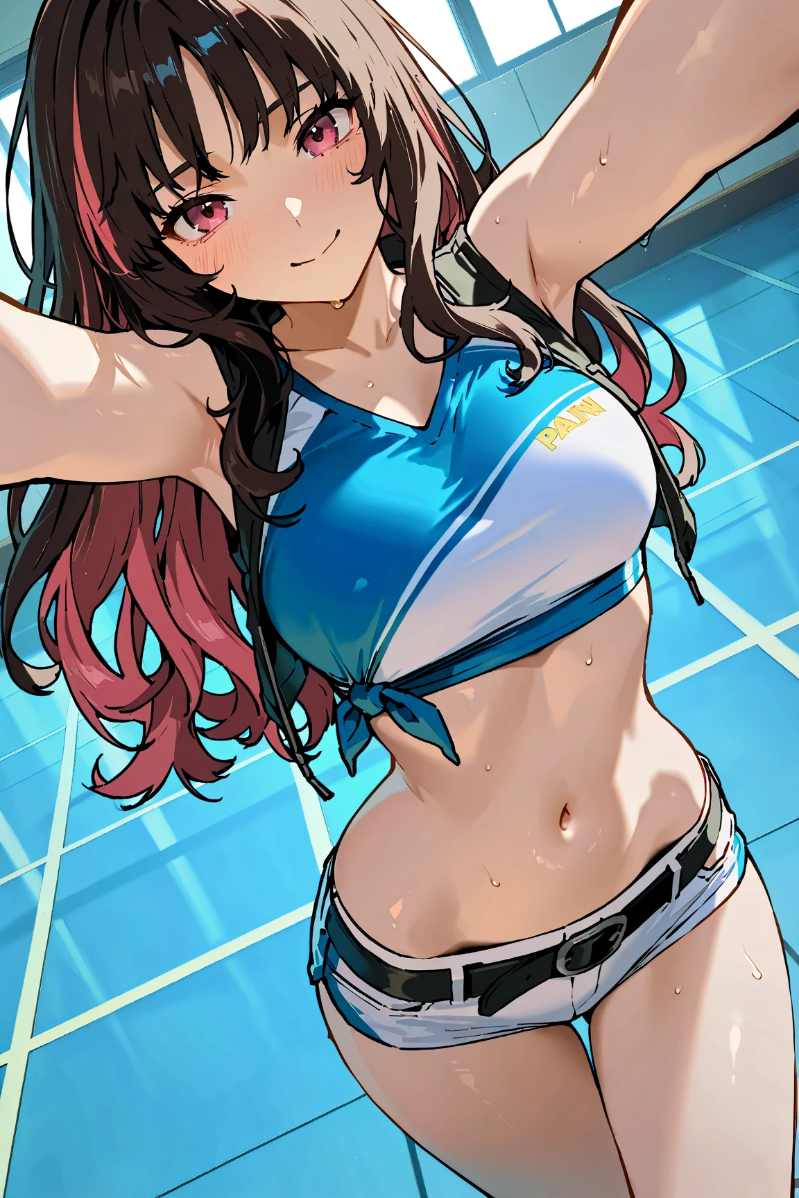 (8k、best quality image、highest quallity、work of art)、face detailed、 a girl、chestnut hair、medium hair、grey-eyed、Evil smile、((lots of piercings))、breasts small、((Cheerleader))、へそ、 sleeved、((itting on the floor with her legs spread、gym pantry, ultra quality, hands tied above head, sweaty body 
