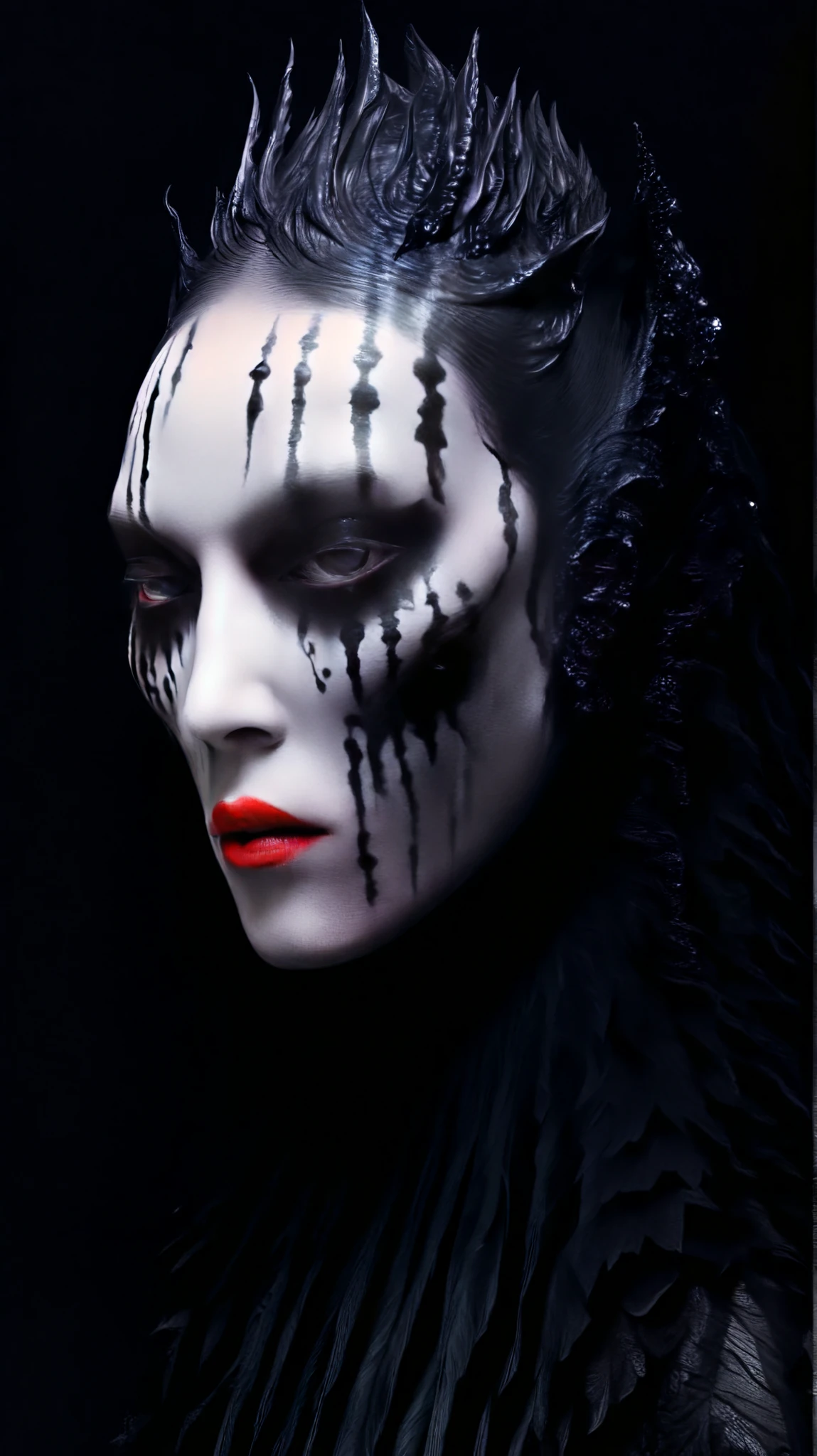 Tim Walker inspired, photography, trendy close up, Black background, leather fetish extreme sinister, whimsical settings, surreal elements, creative storytelling, vibrant colors, (Detailed face:1.05), hyperrealistic, Photorealistic. Gothic