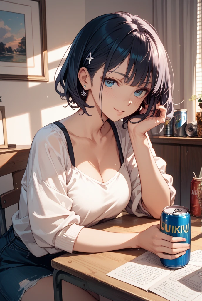 Best Quality, masutepiece, 超A high resolution,(Photorealistic:1.4), (Raw photo:1.2), (sit a chair:1.2), (detailed buttocks:1.1), In the restaurant,half_Smile, Detailed eyes, (Looking at Viewer:1.2), (gray casual clothes), (casual pants:1.2), (Beautiful face:1.2), (French Twist:1.2), Colossal tits, girl with, 18 years old, deepshadow, Dark theme, heart tattoo on neck, Earring, Cute necklace