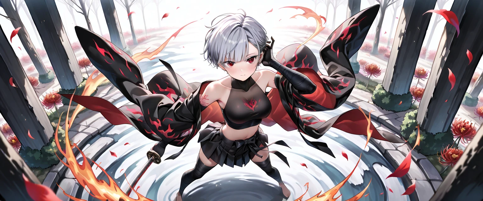 male、Gray Hair、Gray Hair、short hair、Red Eye、冷血なmale、good looking、Cold Face、Well-formed face、Well-built、Sheer black miniskirt、Extremely short、Pleated skirt、garter belt、I can see the shorts、Confusion、Take a quick look here、sexy、Belly out、Sweat、
