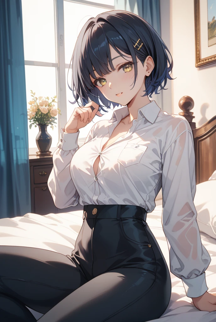 (mature woman), blush, very horny, skin fair, shirt with open button, (neckline that shows the bra), Himeno de Chainsaw Man, (Long pencil skirt), wearing an eye patch, beautiful face, 가슴, sensuous, highest quallity,standing pose, (fund: In front of a motel bed)
