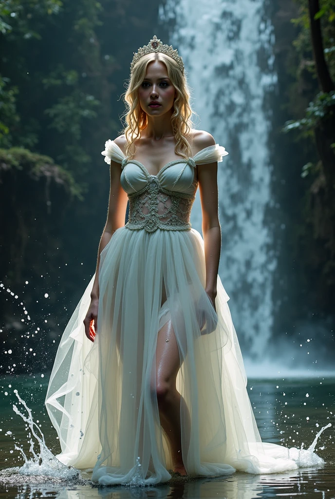 Galadriel from Lord of The Rings, white blonde hair, high detail transparent bodycon plunging white gown, standing under a waterfall, wet, ethereal, powerful, magical, 8k, (insanely detailed:1.5), full body photograph, 20 megapixel, canon eos r3, detailed skin, pale skin, Lothlorien background