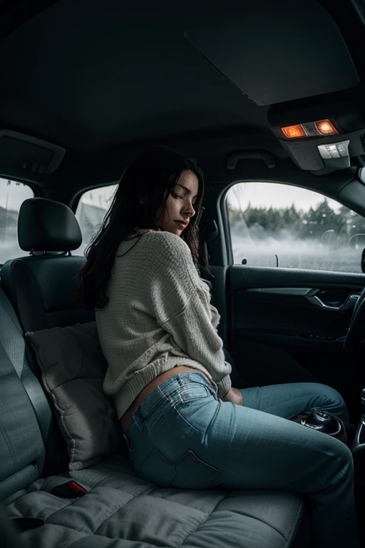 punk rock style girl wearing shorts is sleeping inside a car theres a windown next to her with raindrops, night light cinematic