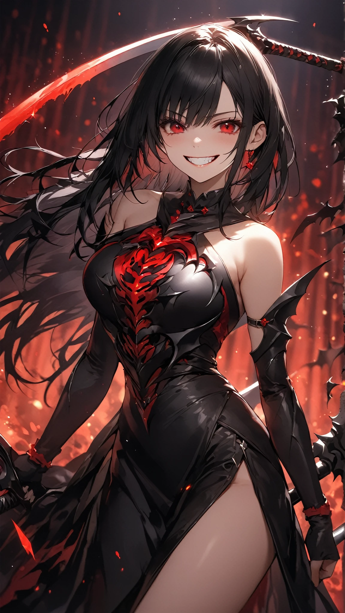 masterpiece,best quality,extremely detailed CG,ultra-detailed,beautiful detailed eyes,1woman,general,demon knight,knight costume,red eyes,random hair,(evil smile:1.6),faint lips,open stance,tatoo,small breast,skinny,crossed arms,