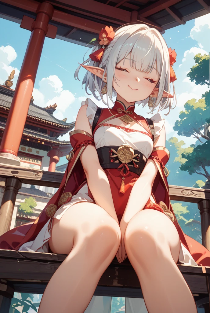 realistic image, coherent image, detailed image, 1 beautiful elf. She has silver hair, long hair. Yellow eyes, long eyelashes. Her face is oval and delicate. Smiling. She wears a red Cheongsam, side slits. She has a curvy body, medium breasts and thick thighs. Chinese temple, flower petals falling around. ambient light, volumetric light,