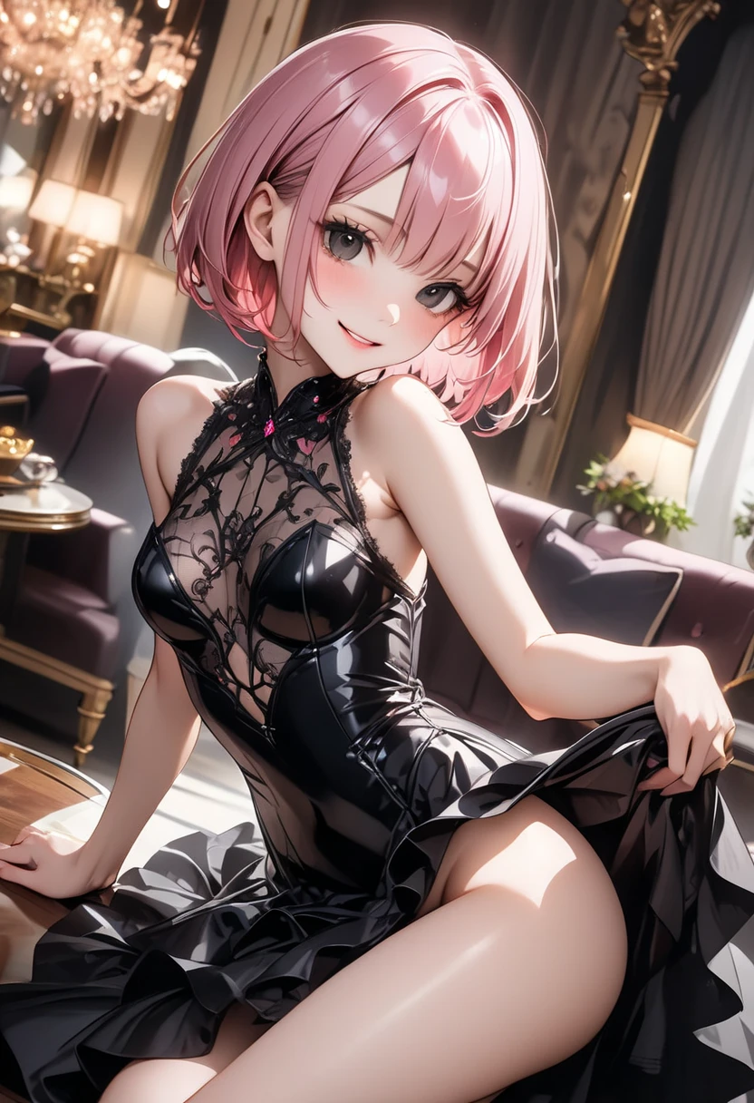 realisitic、top-quality、1girl in 、Rabbit ears、pinkhair ,Short hair,Saliva、Heart shaped pupils,  ,White sequined bikini , Black PVC gloves 、all-fours