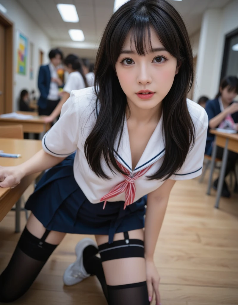 ((masterpiece)), ((best quality)), (ultra-detailed), ((extremely detailed)), 4K, (8K), best quality, (beautiful),((beautiful eyes)),white shirt,(skirt),(school uniform:1.3),fullbody,(intricate panties),20 years old,(Pinkpanties),brown hair,a girl,Bob hair