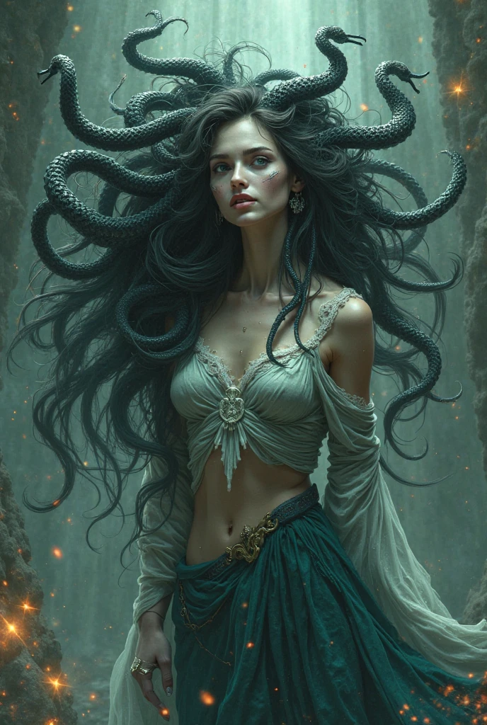 Full body, masterpiece body, Full body, Ful body view , full pose , ((best quality)), ((masterpiece)), ((realistic)), Medusa, full miracle body, the hair is composed of countless snakes, red snake hair, snakes have a shiny eyes, multicolored hair, miracle pretty female face, medium breast,tall body, seductive body, metal carved top, royal aura, trend on artstation , sharp focus, studio photo, intricate detail, very detailed, detailed eye, illustration, very detailed, sharp focus, digital render, professional, 4K, Detailed, Realistic, 4k highly detailed digital art,octane render, bioluminescent, resolution concept art, realism,by Mappa studios,masterpiece,best quality,official art,illustration,ligne claire,(cool_color),perfect composition,absurdres, fantasy, focused, rule of third, fit body , belly muscle, 75D breast , miracle scenery , atrctive face , miracle face, Organza transparent clothers,