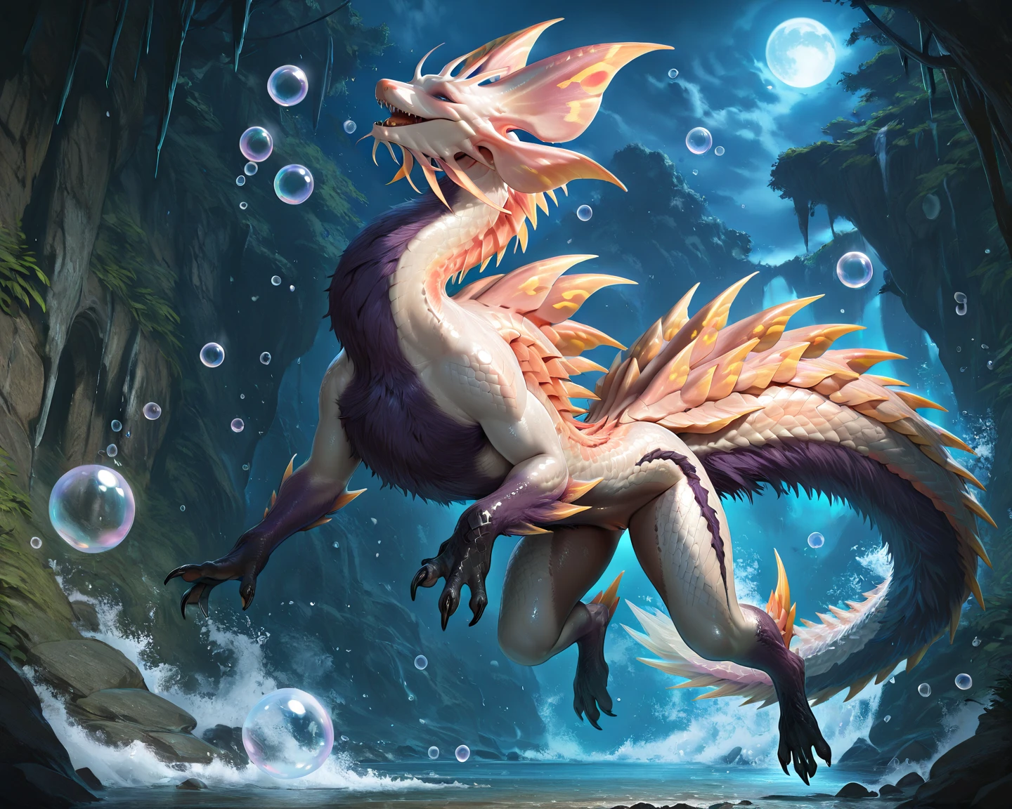 Nsfw, ((solo)), full body shot, jumping, floating, ((nohumans)), (monster hunter), A roar, amazing masterpiece, top quality, high fashion, absurdres extremely,HDR, intricate details, very cute face, vivid colors, very cool monster, Mizutsune,feral, male, midnight, fullmoonlight, bubbles, genital slit, 