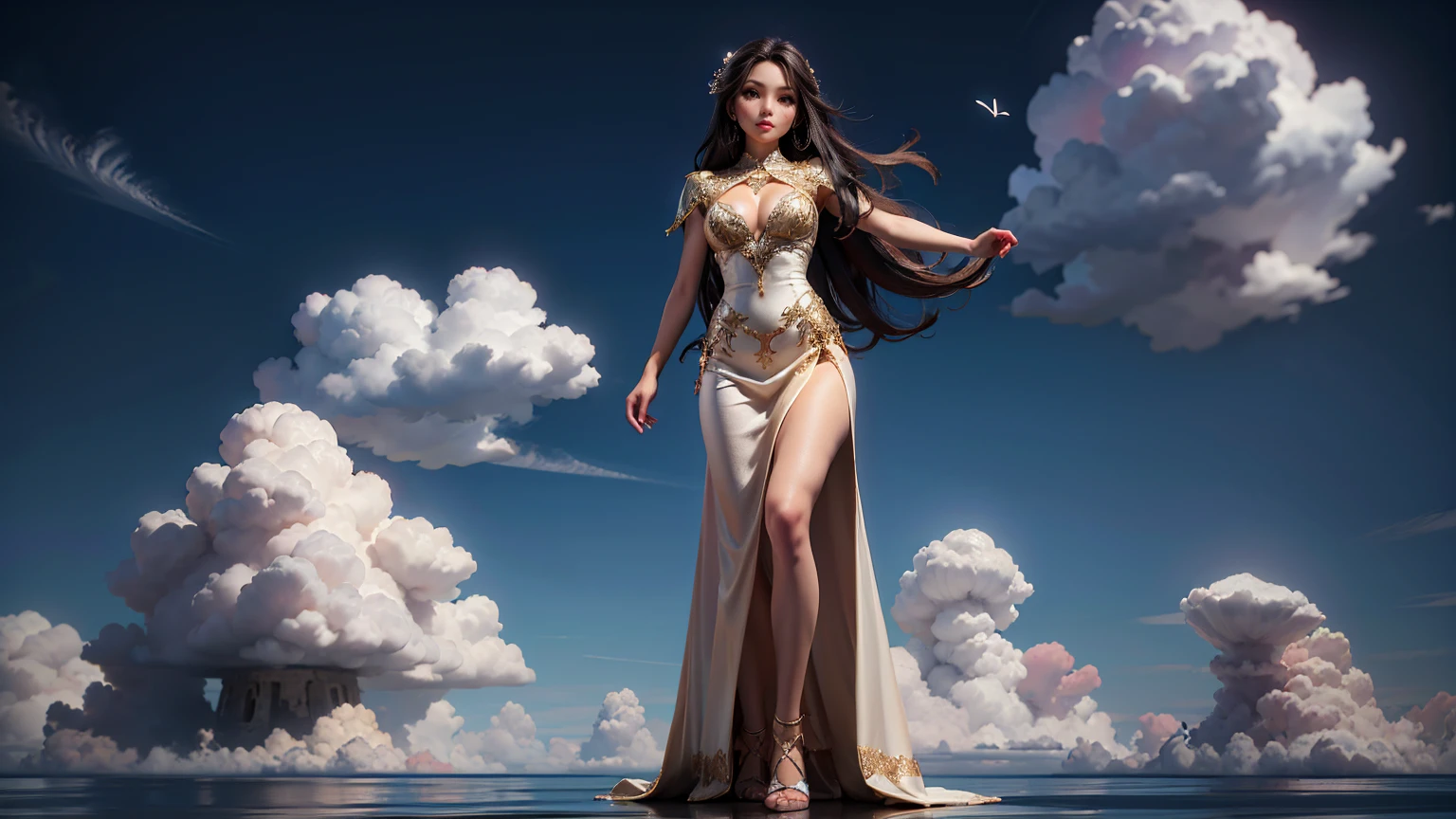 (full body:1.4), photo of a 24YO beautiful South America girl, (solo focus:1.4), (look at viewer), spiked_hair,
(huge breast:1.26), (thin-waist), (thick thighs:1.25),
(strong wind:1.4), (long dress, dressart:1.4), (sling-back-heel), (scattered broken glass:1.4),
in dream, (skyscraper down there:1.4), sky, (floating:1.4), (flowing-fabrics:1.2),
(falling:1.4), (glass,broken) <lora:dressart_SDLife_Chiasedamme_v1.0:0.6> <lora:flowing-fabrics:0.6>