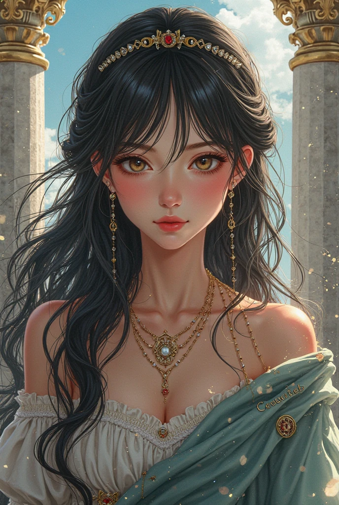 a beautiful young woman with long black hair, detailed face, piercing eyes, wearing jewelry, resting alone, intricate detailed portrait, ethereal atmospheric lighting, highly detailed, photorealistic, chiaroscuro lighting, dramatic lighting, cinematic, moody, serene, melancholic