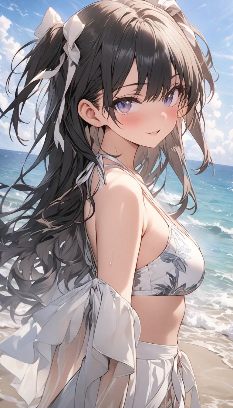 One girl,Tsubame、Gentle expression、smile、Ocean、blue sky、Sandy Beach、Sexy pose、Light purple sexy swimsuit、A complete depiction of the human body、masterpiece, Highest quality, Game CG, ultra detailed、highres、extremely detailed CG 