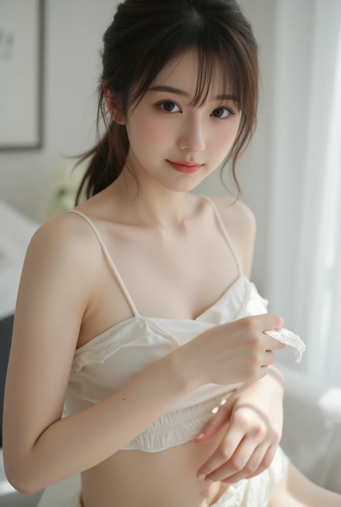 アイドルのようにvery cute、Cute and adorable、Young faceに見える20歳の少女, Young face、very cute、Smiling Kindly、early morning、White gown、White gown、I can see your underwear、Standing in the kitchen、whole body像、whole body、 Natural light、Accurate、Anatomically correct、Textured skin、Super Detail、 Attention to detail、highest quality、High resolution、Real、realism、Raw photo、Genuine、masterpiece