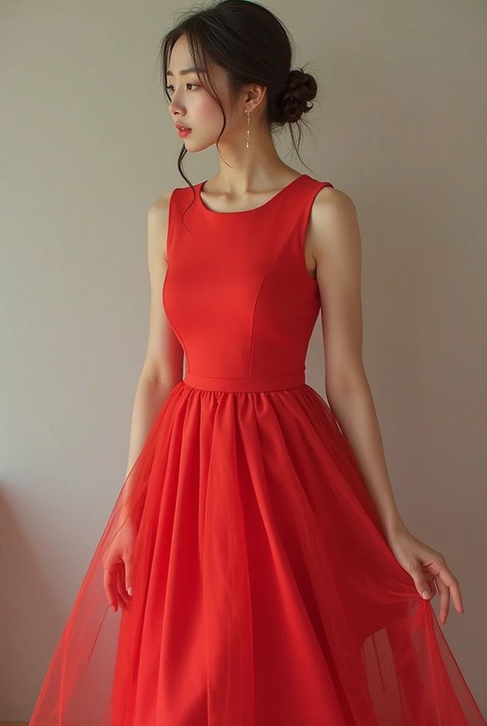 a red cawcautry dress, short in the front and long in the back, Drawing sketch 
