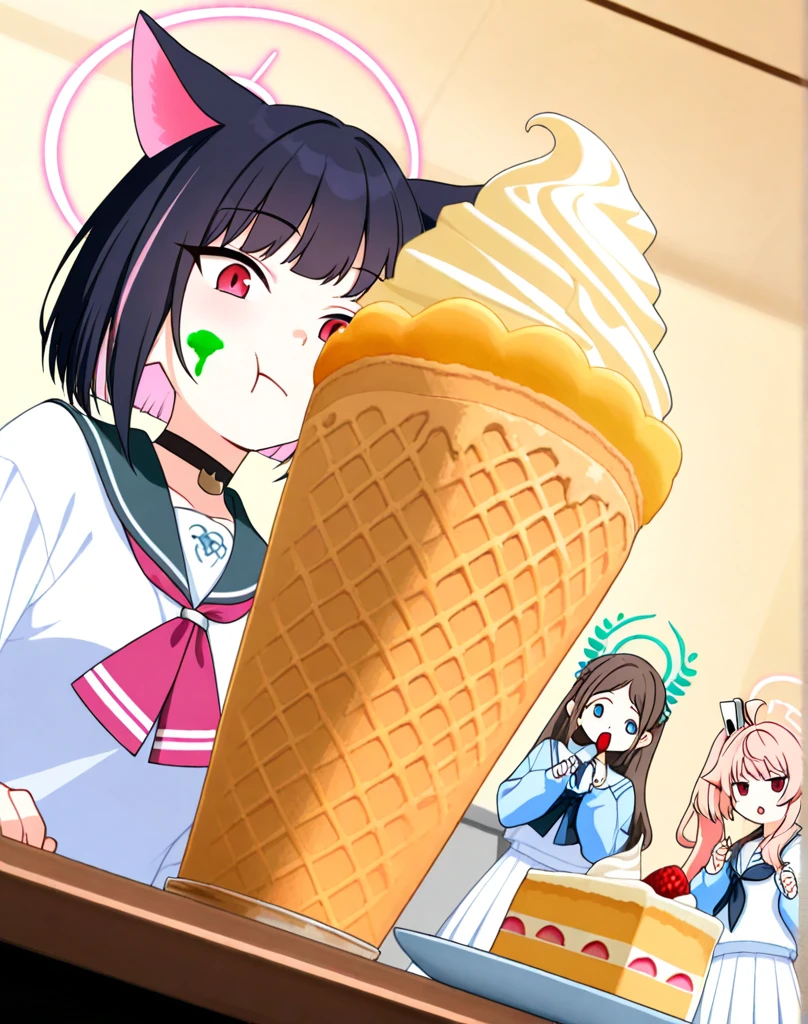 One girl,Black Hair,Pink eyes,(blush:1.1)、Embarrassed face、 ((Heavy breathing:1.3)), like, smile、Big Breasts、whole body,I'm eating ice cream