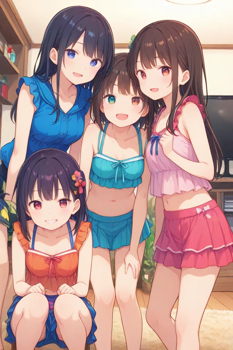(5girls:1.1),side by side,beach,,,swimsuit,bikini,standing,(height difference:1.3), mother and daughter, sisters,