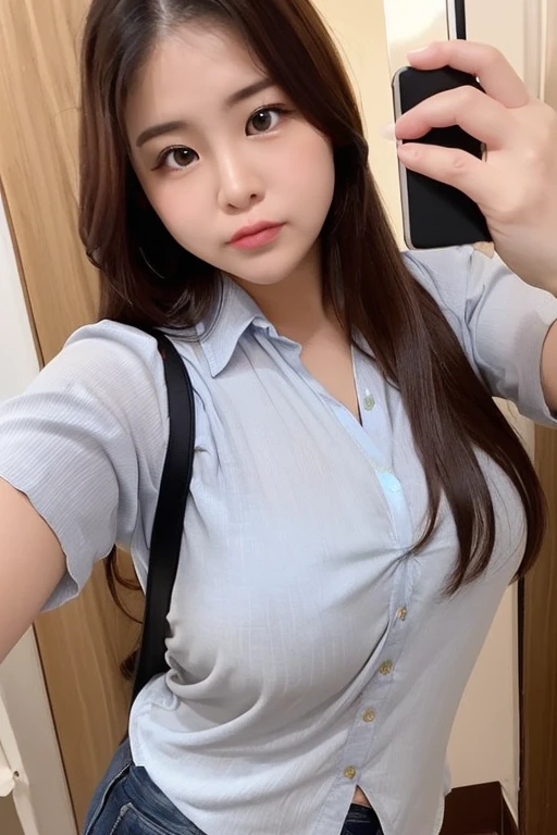adorable, 1 girl, (face to face), , baby face, happy, half body portrait, (face details: 1), (eye details:1), ((big breasts)). wearing transparent transparency long shirt, .. Cute posed. proportional body. Ultra High Res. realistic: 1.4, UHD,