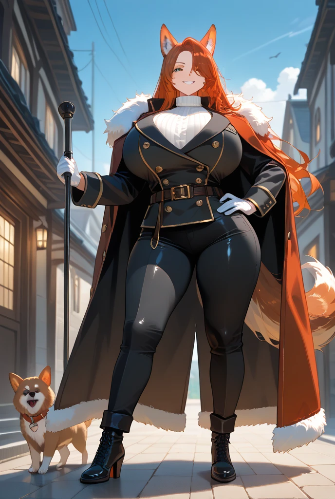 anime, detailed, depth of field, sunny, ginger hair, barbarian female, wide hips, fur coat, large breasts, medieval time, walking, being careful, serious look, front view, medieval city background