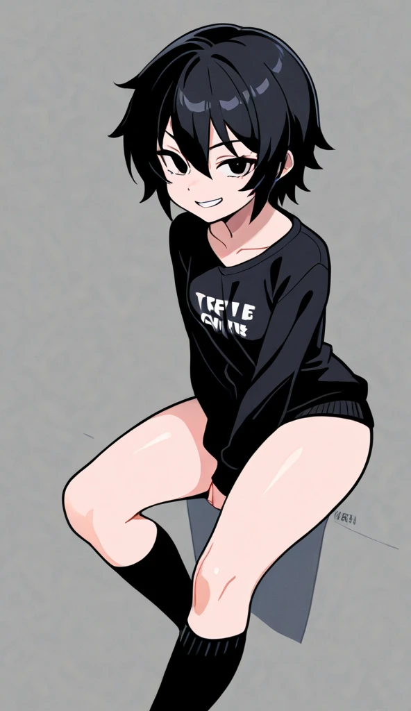 sitting,spread legs,arms behind head, 1girl,nsfw ,testicles,smile,black hair,brown eyes,,one-piece swimsuit,in bedroom,school swimsuit,twin tail,flat breast,masterpiece,half-closed eyes,rolling eye,blush,sweat,heavy breathing,masterpiece,white background, simple background,white gloves,white socks,