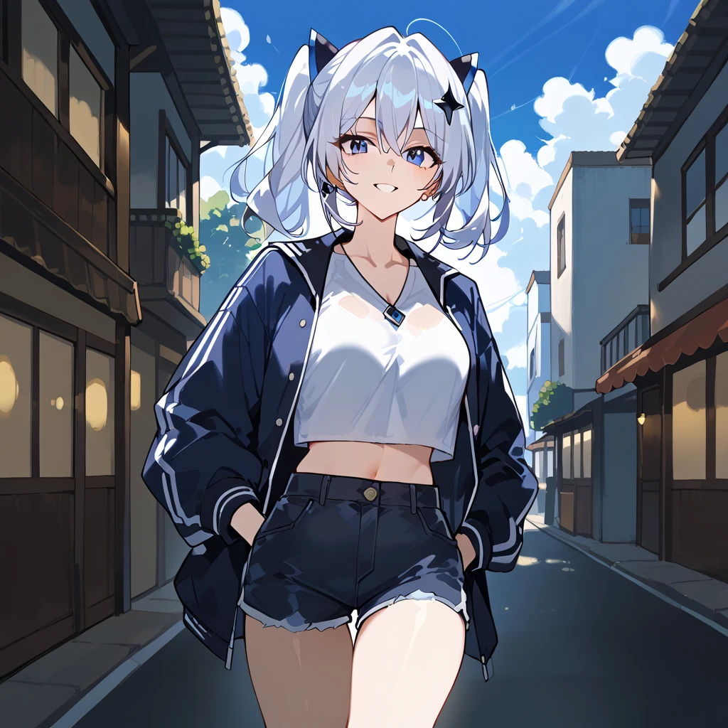 woman、Silver Hair、Braid、Short Hair、Black Eye、Big Breasts、Black Sports Bra、Shorts、hoodie、Shoulder、Leg spread、Crouch down、Tobacco、Station platform、Embarrassed