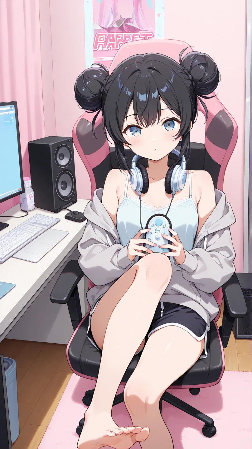 masterpiece, highest quality, 1 girl, solo exia def, black hair,headphones, choker, off shoulder, (Big T-shirt:1.3),too big,length,(nipple slip from), clavicle, bottomless,(white panties:1.3),(sit on a gaming chair:1.5),cowboy shot,(holding a game controller),open_legs,groin,solo,thighs,solo